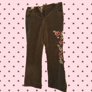 Bamboo Traders Dark Green Corduroy Wide-Leg Pants with Floral Embroidery